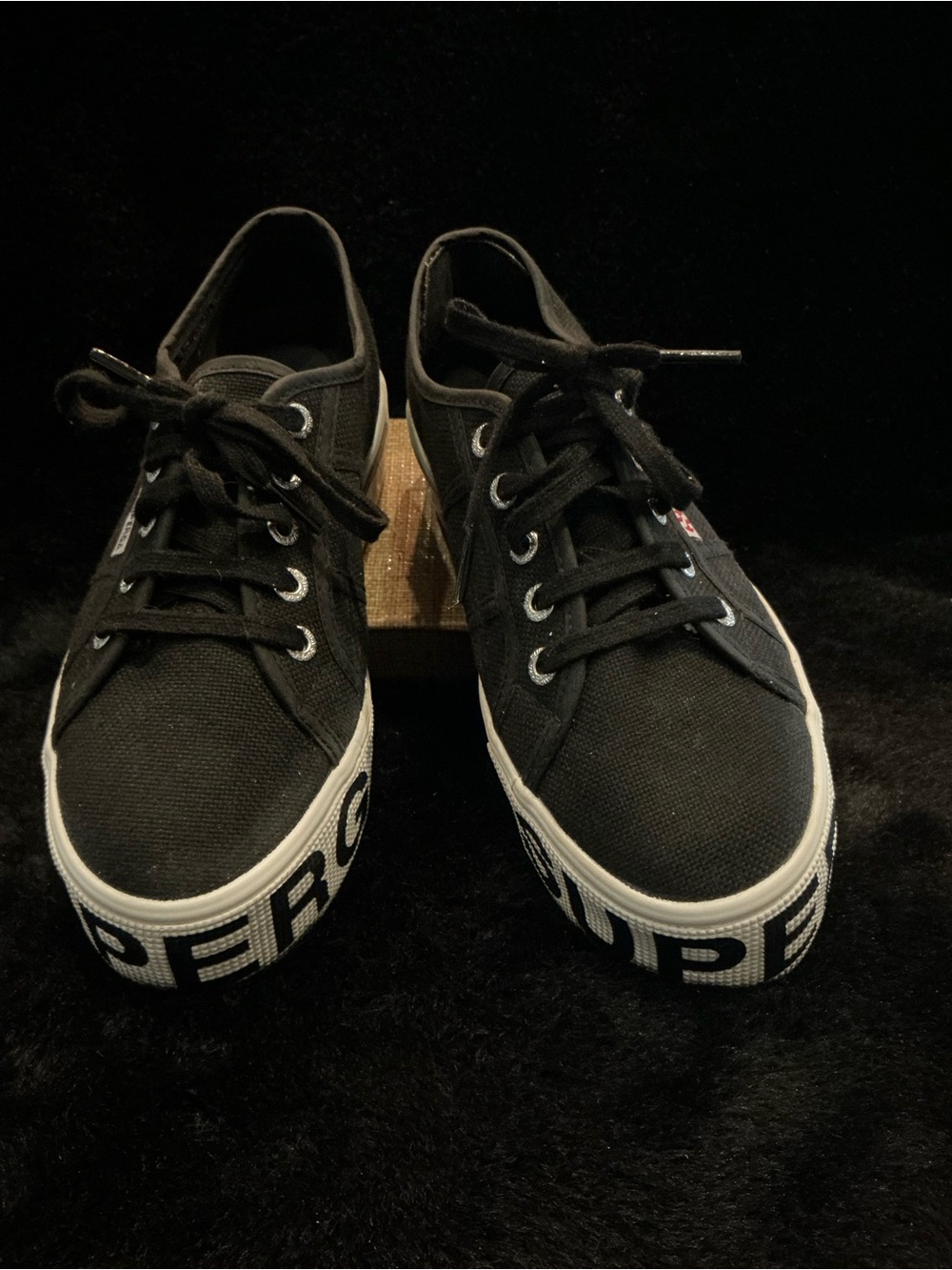 Superga 2790 COTU Black Canvas Platform Sneakers with Logo Sole Women’s 6.5